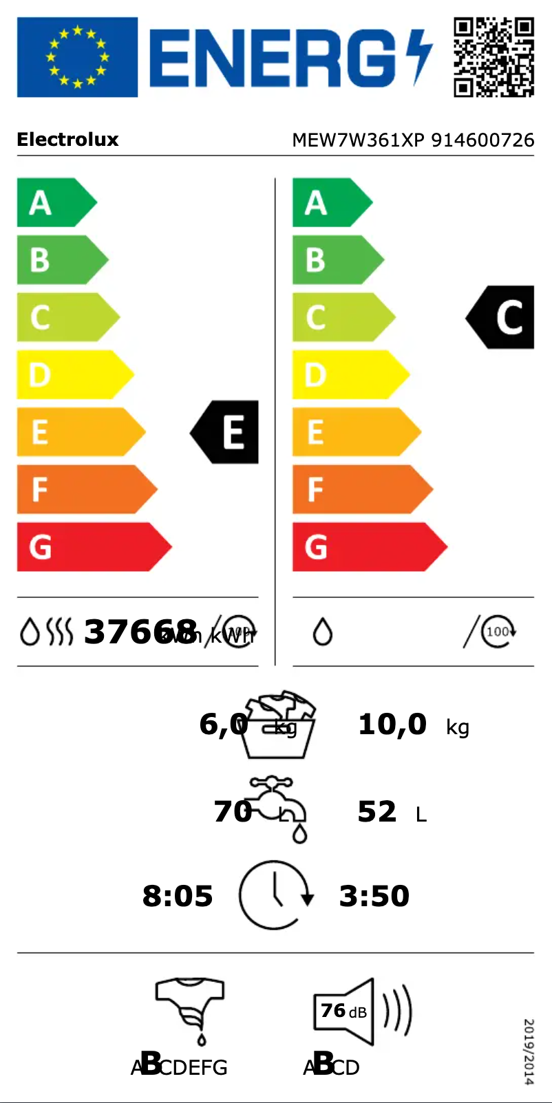 Page n°1 - Label énergétique Electrolux MEW7W361XP