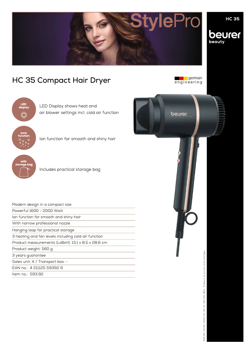 Page 1 de la notice Fiche technique Beurer HC 35