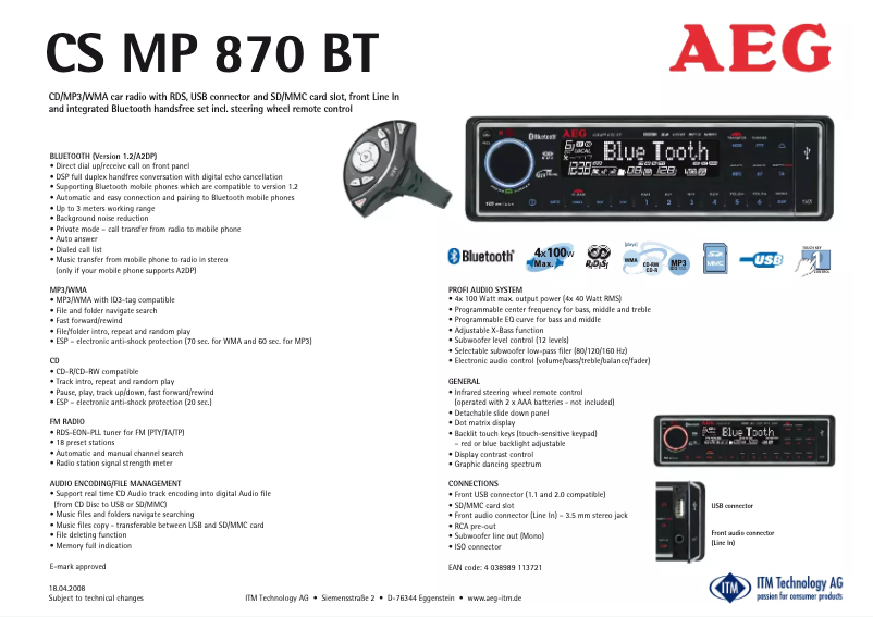Page 1 de la notice Manuel utilisateur AEG CS MP 870 BT