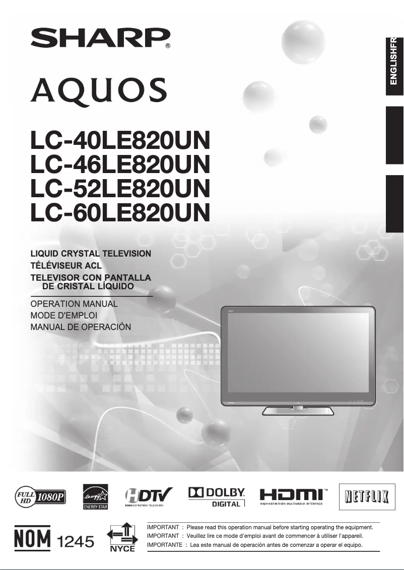 Page n°1 - Manuel utilisateur Sharp Aquos LC-40LE820UN