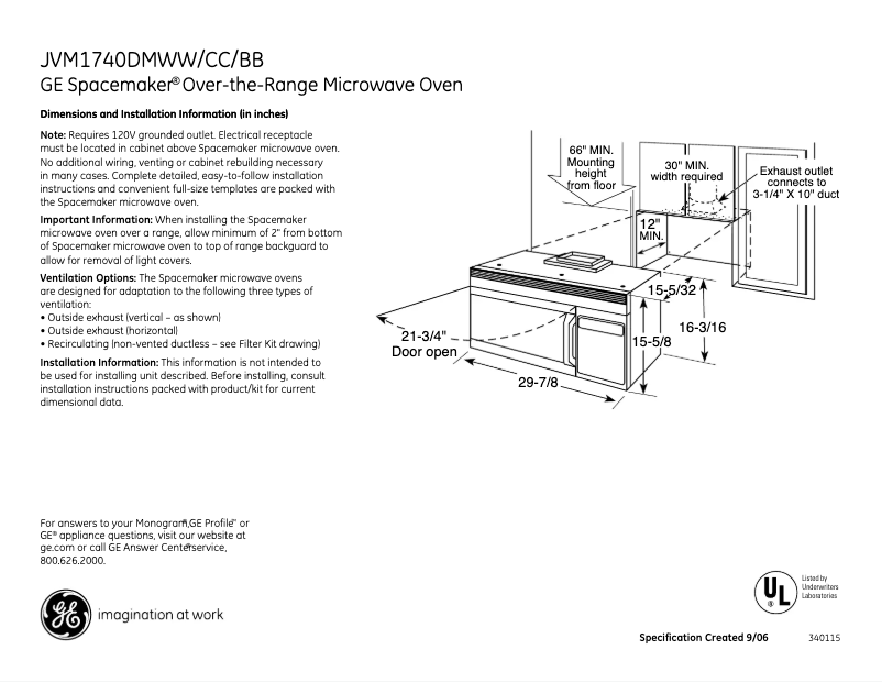 Page 1 de la notice Fiche technique GE Spacemaker JVM1740DMBB