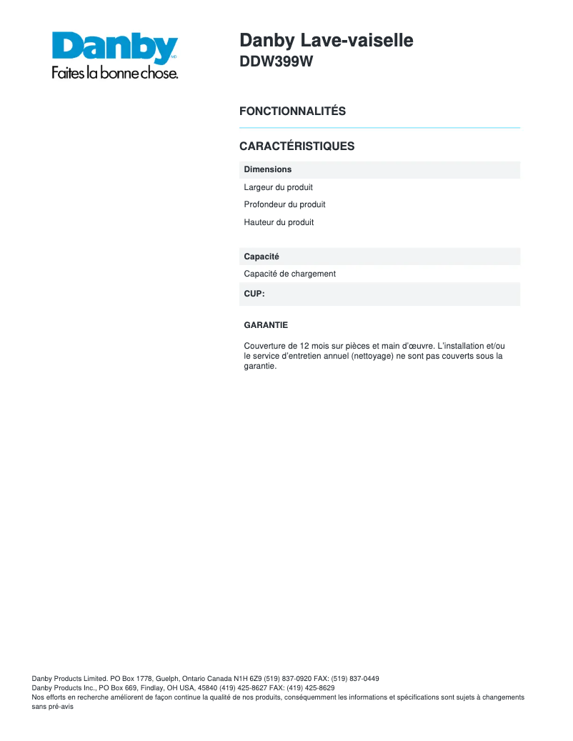 Page 1 de la notice Fiche technique Danby DDW399W