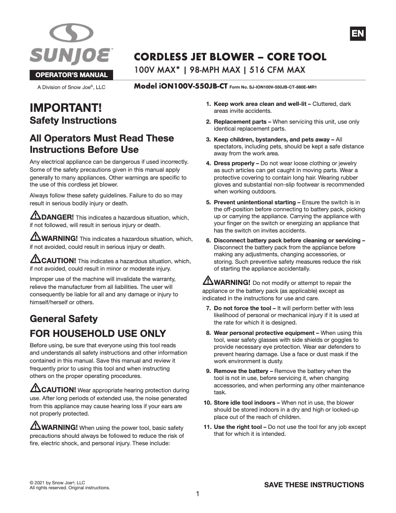Page 1 de la notice Manuel utilisateur Sun Joe ION100V-550JB-CT