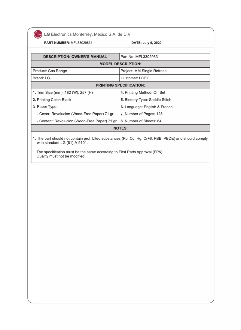 Page 1 de la notice Manuel utilisateur LG LRGL5821S