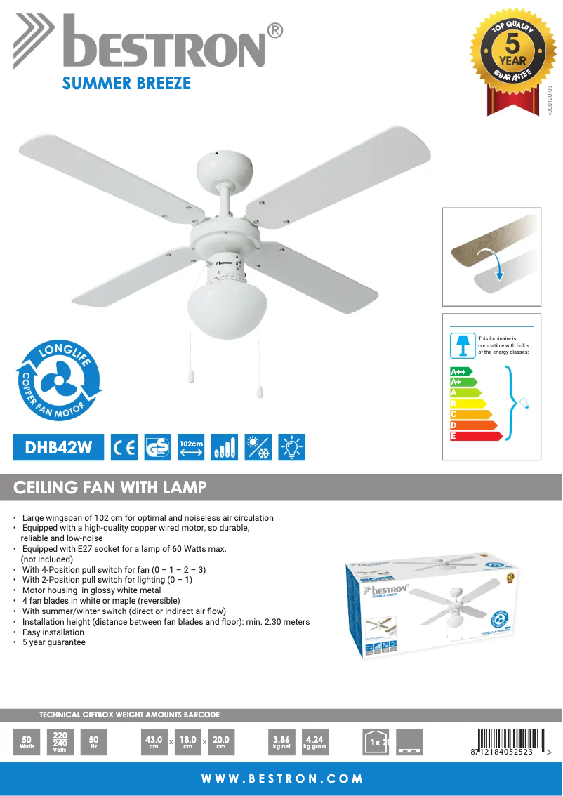 Página 1 del manual Ficha técnica Bestron DHB42W