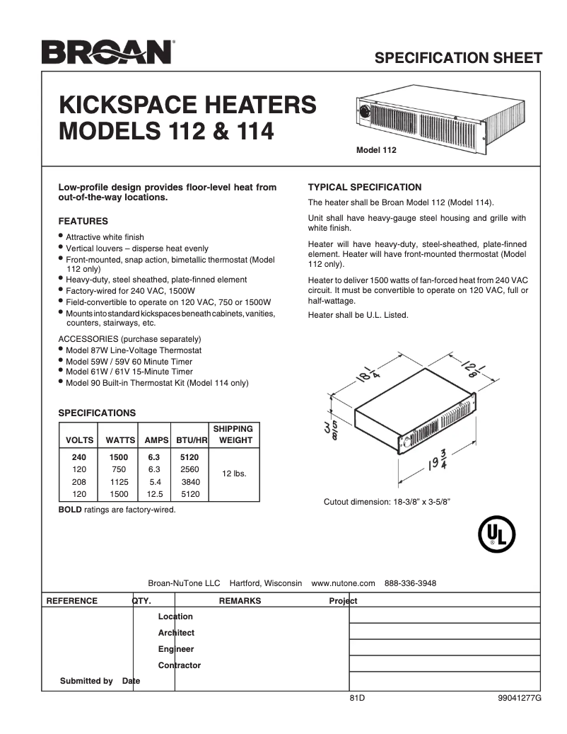 Page 1 de la notice Fiche technique Broan 114