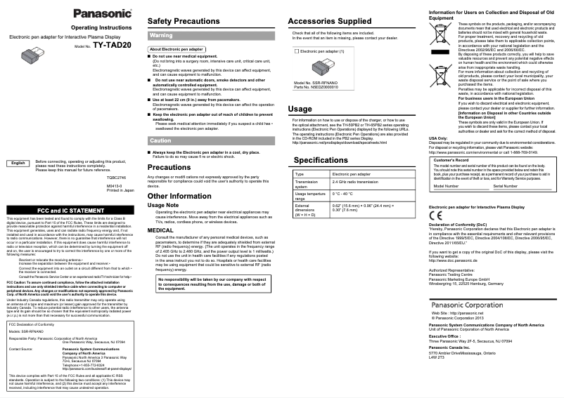 Página 1 del manual Manual de usuario Panasonic TY-TAD20