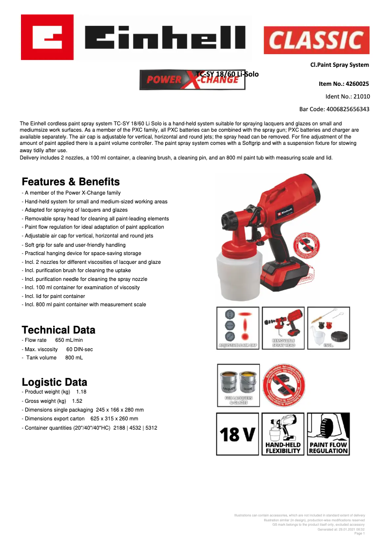 Page 1 de la notice Fiche technique Einhell TC-SY 18/60 Li