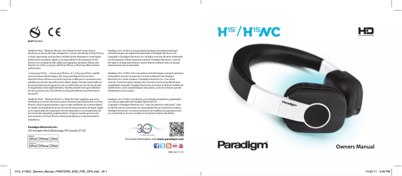 Page 1 de la notice Manuel utilisateur Paradigm H15NC