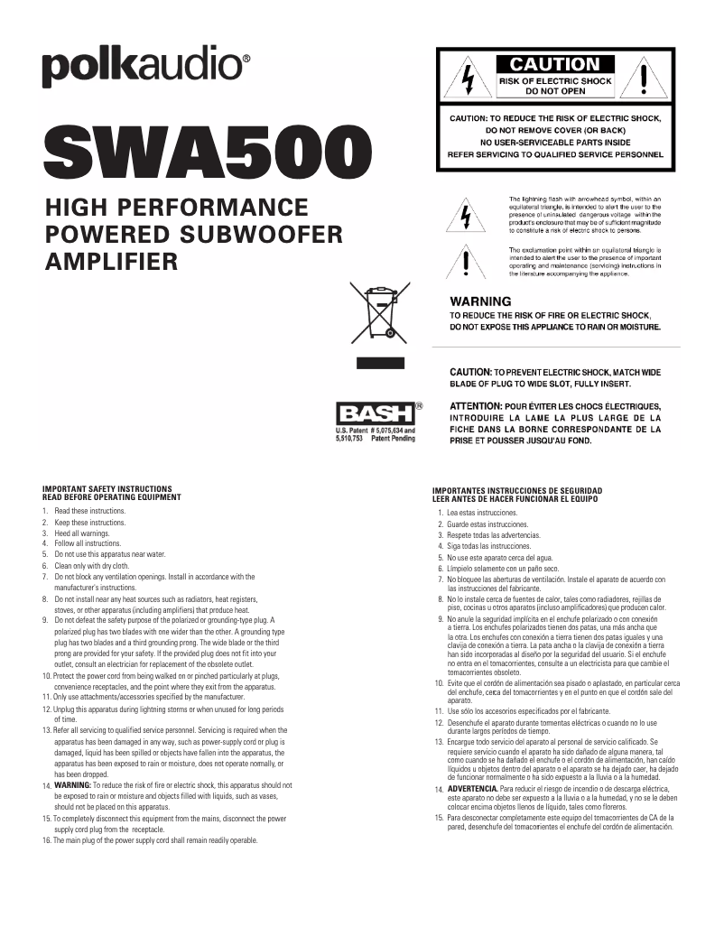 Page n°1 - Manuel utilisateur Polk SWA500