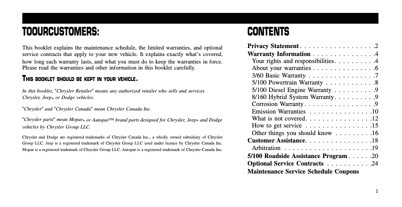 Page 1 de la notice Manuel utilisateur Chrysler 300C (2011)