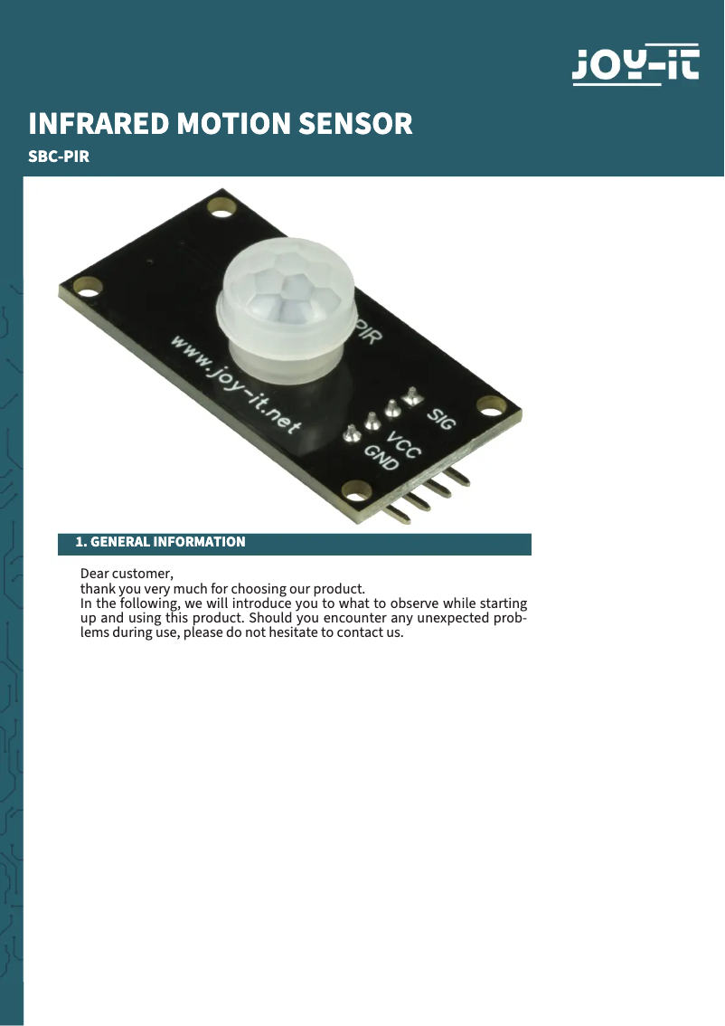Page 1 de la notice Manuel utilisateur Joy-It SBC-PIR