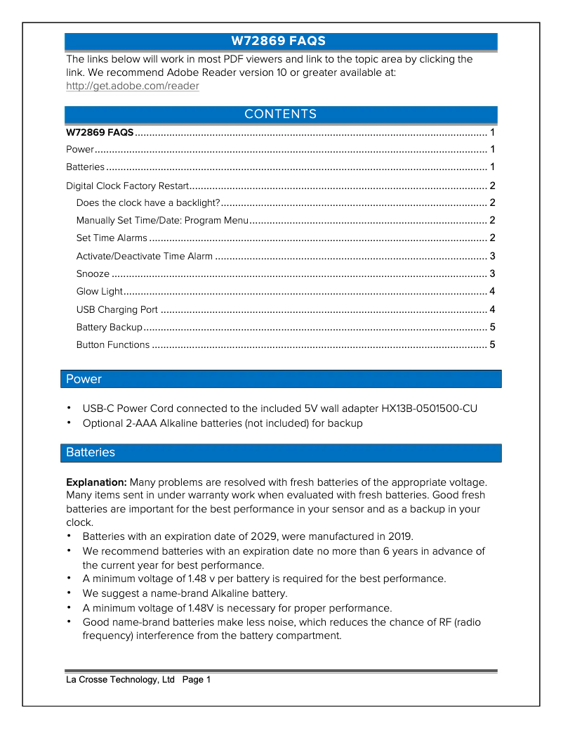 Page 1 de la notice FAQ La Crosse Technology W72869