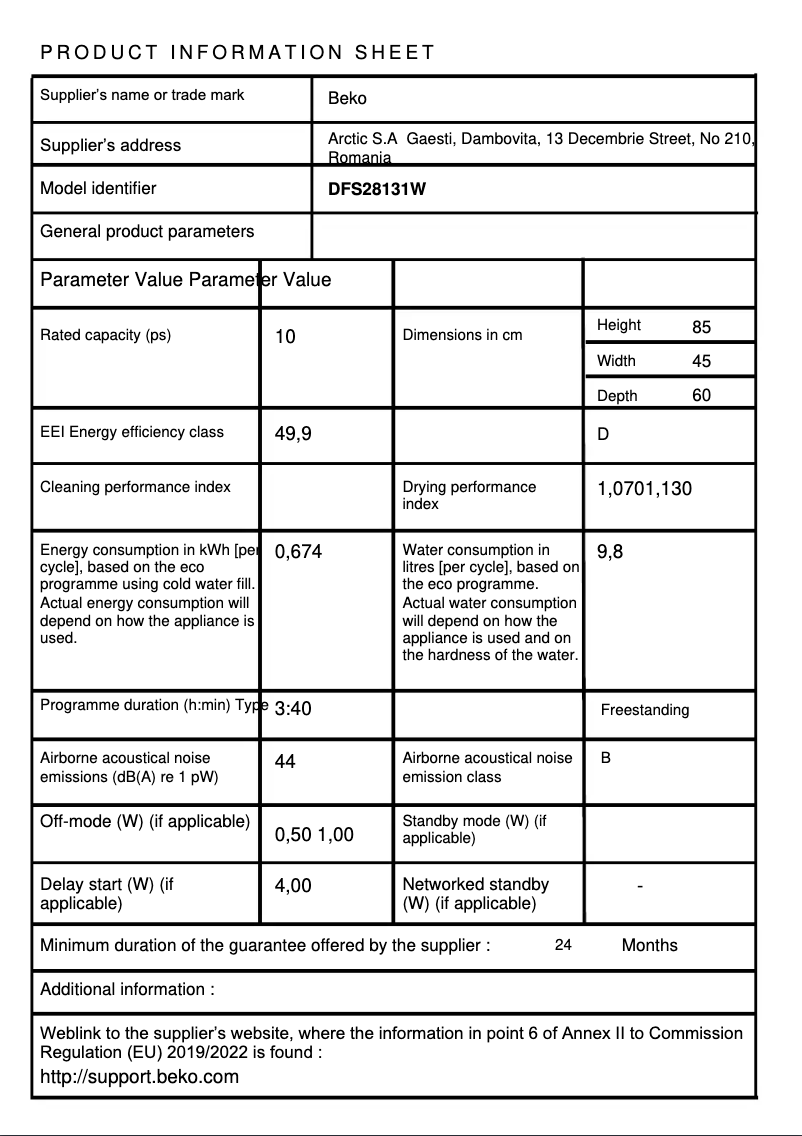 Page 1 de la notice Fiche technique Beko DFS28131W