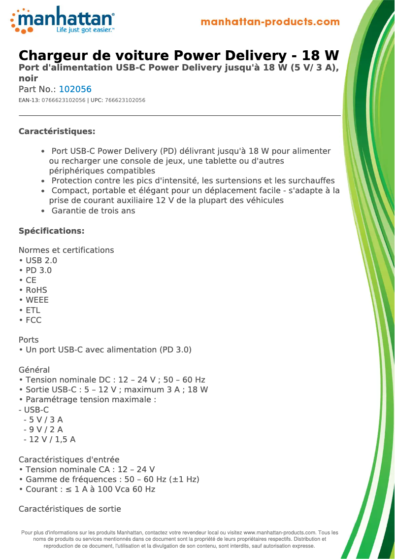 Page 1 de la notice Fiche technique Manhattan 102056