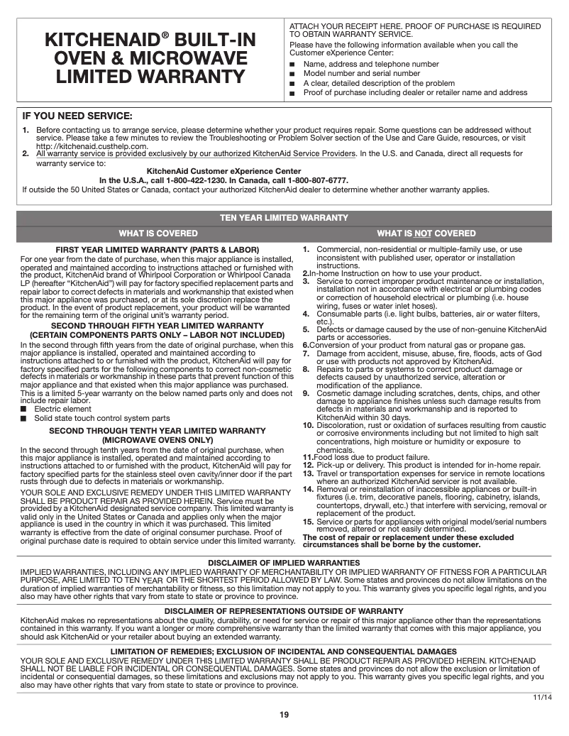 Page 1 de la notice Informations de garantie KitchenAid KOCE500EWH