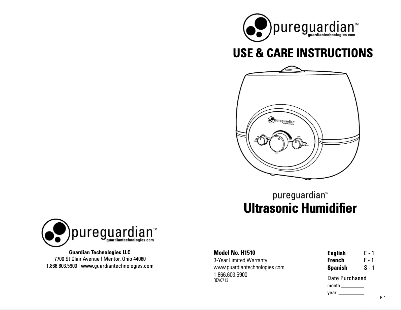 Page n°1 - Manuel d'utilisation et d'entretien PureGuardian H1510