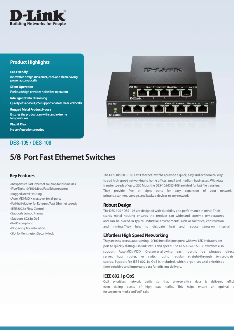 Page n°1 - Fiche technique D-Link DES-105