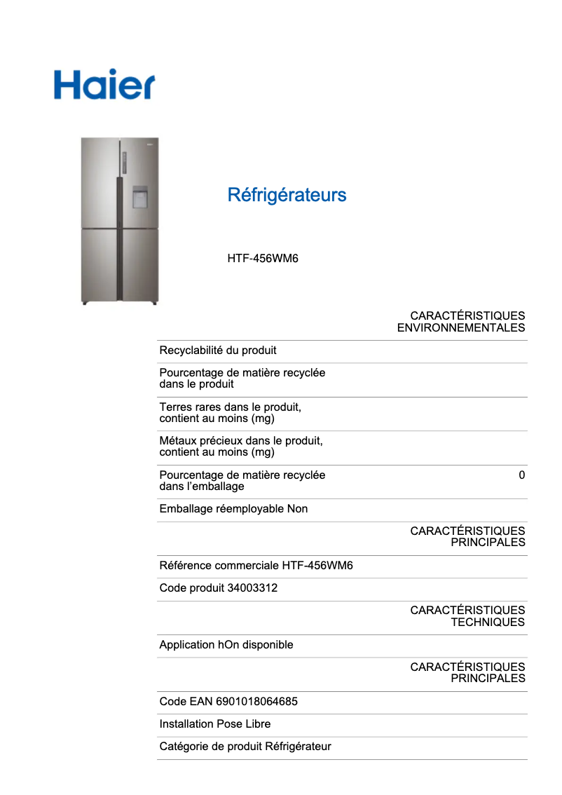 Image de la première page du manuel de l'appareil HTF-456WM6