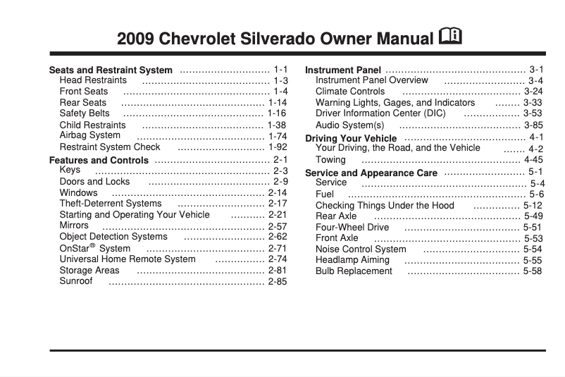 Page 1 de la notice Manuel utilisateur Chevrolet Silverado (2009)