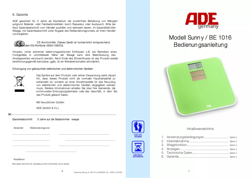 Page n°1 - Manuel utilisateur ADE Sunny BE 1016