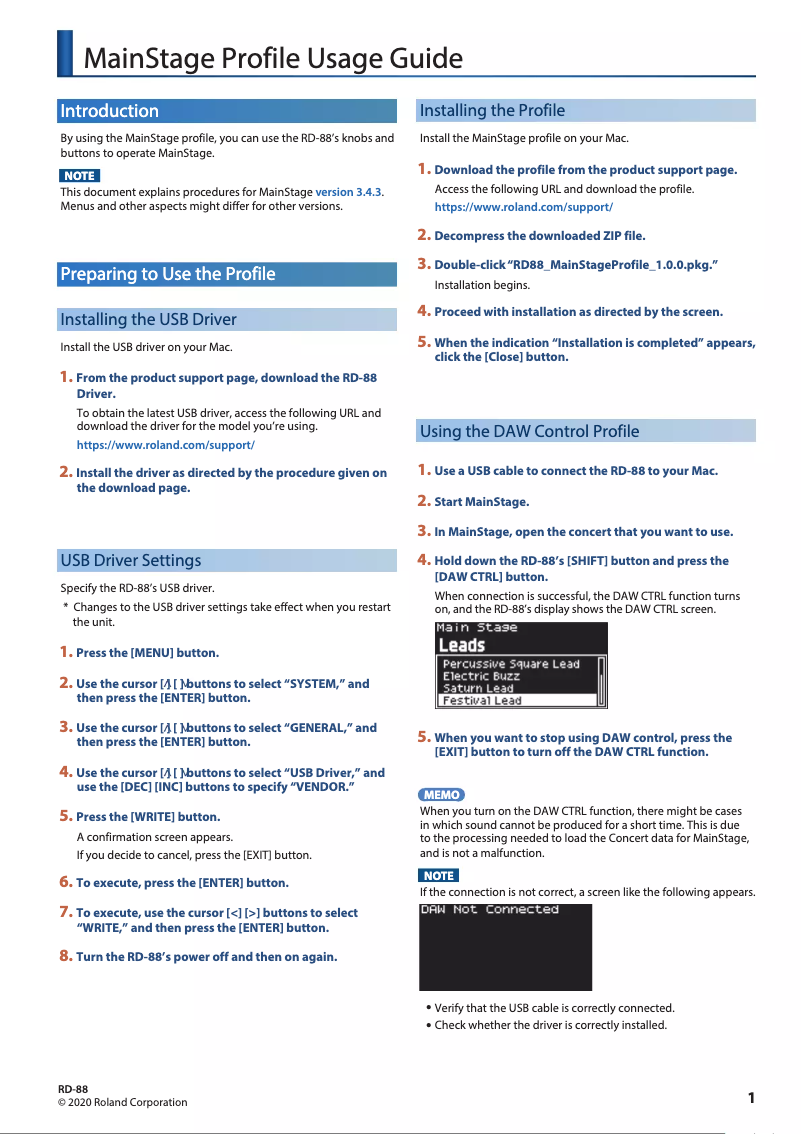 Page 1 de la notice Manuel d'utilisation et d'entretien Roland RD-88