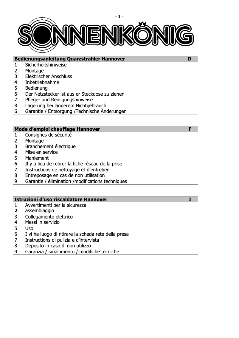 Image de la première page du manuel de l'appareil Hannover