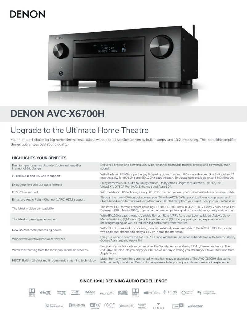 Page 1 de la notice Fiche technique Denon AVC-X6700H