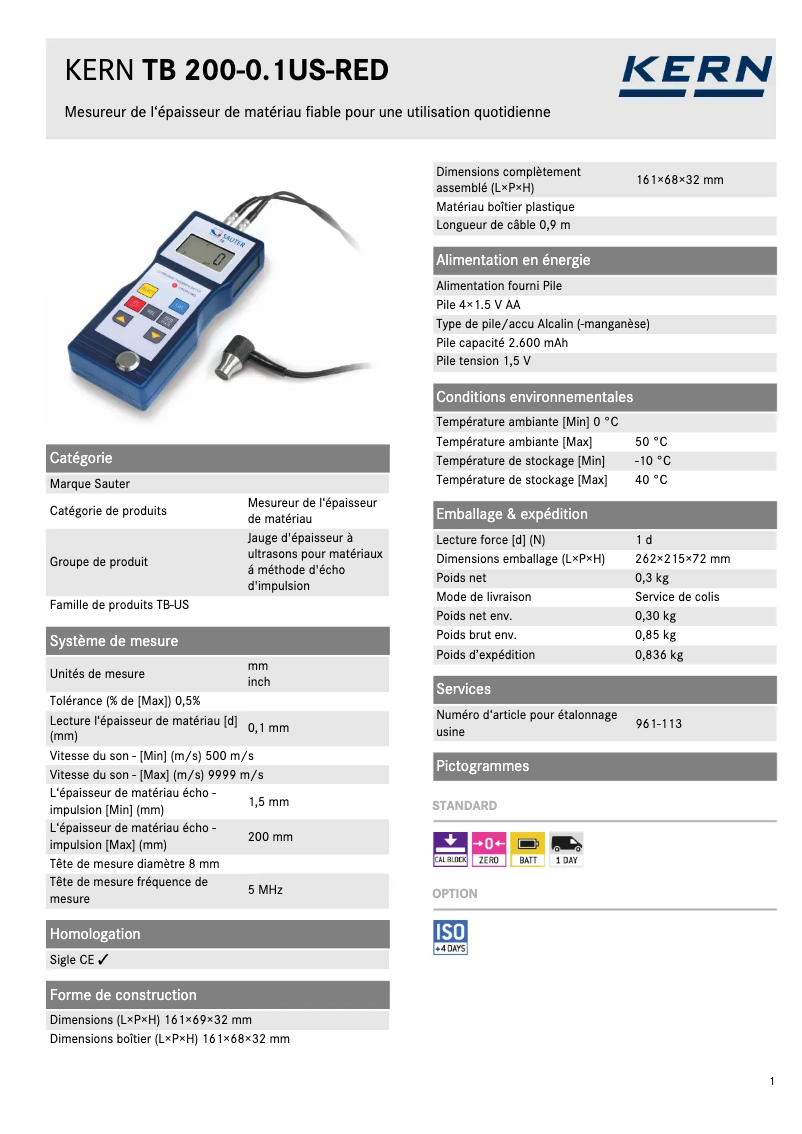 Page 1 de la notice Fiche technique Sauter TB 200-0.1US-RED