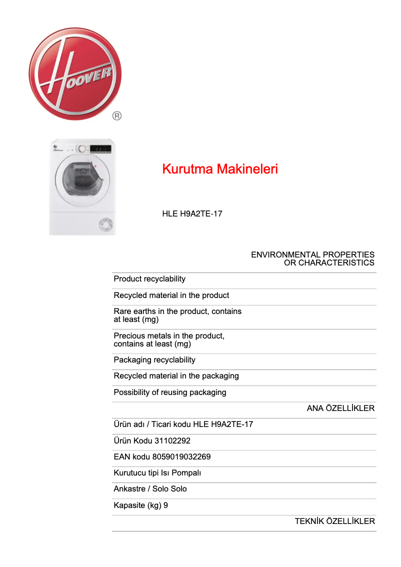 Page 1 de la notice Fiche technique Hoover HLE H9A2TE-17