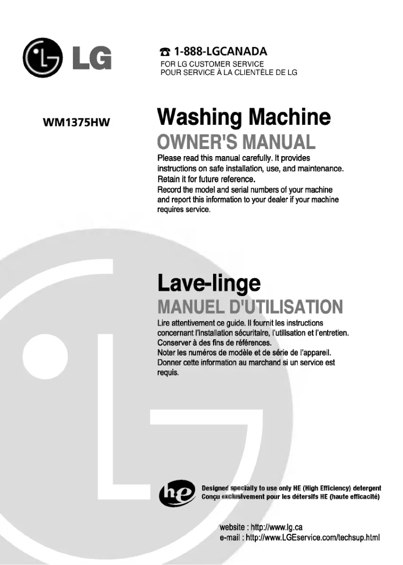 Page 1 de la notice Manuel utilisateur LG WM1375HW