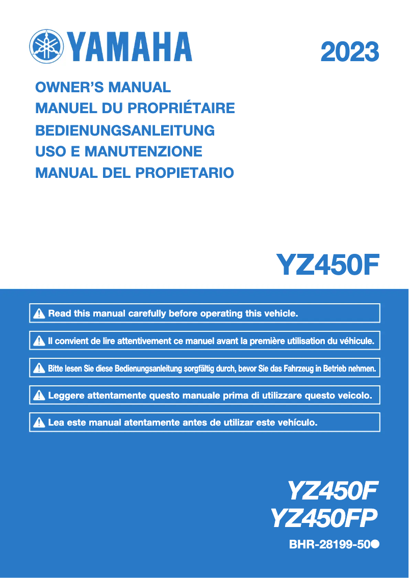 Image de la première page du manuel de l'appareil YZ450F (2023)