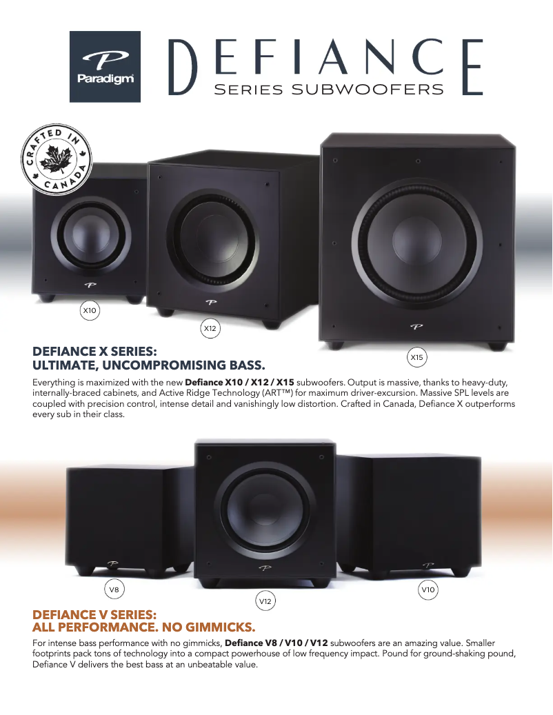 Page 1 de la notice Fiche technique Paradigm Defiance X10