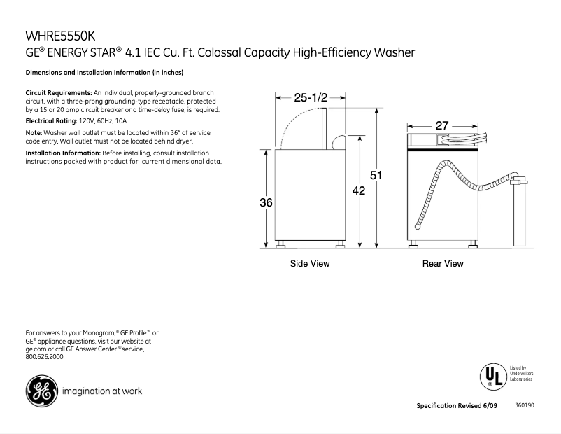Page n°1 - Fiche technique GE WHRE5550KWW