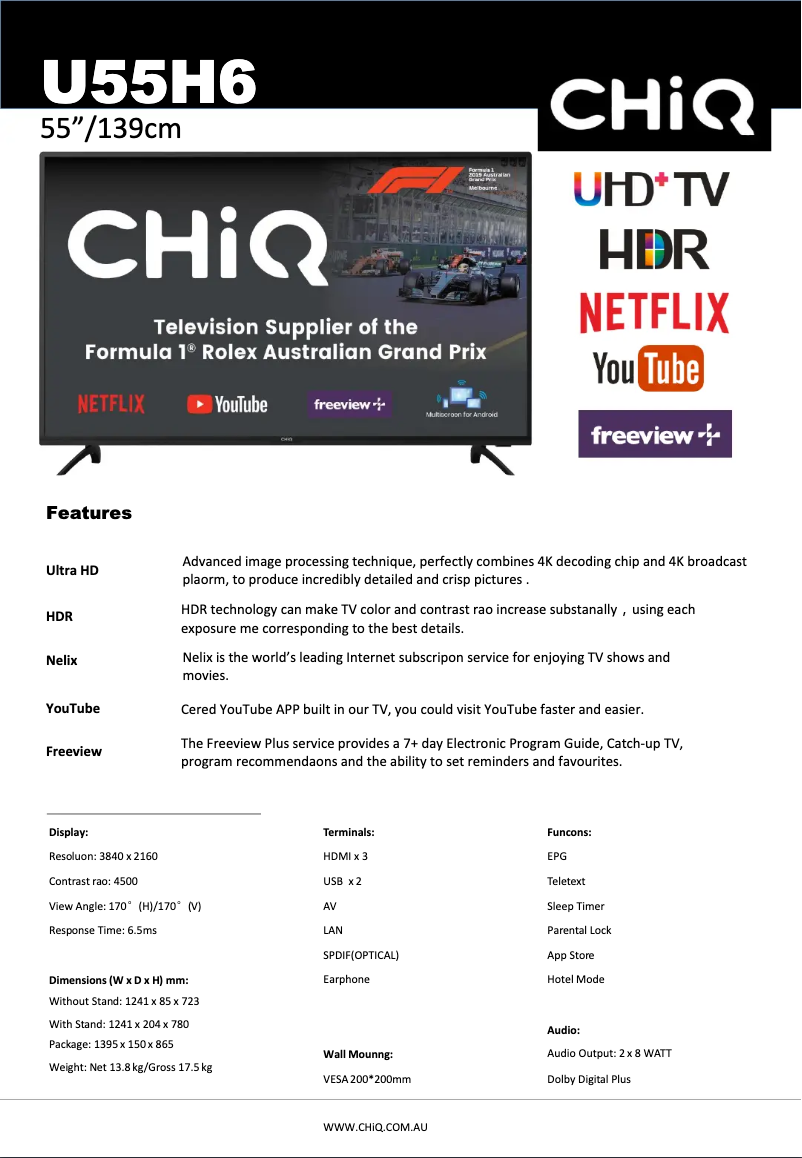 Page 1 de la notice Fiche technique CHiQ U55H6