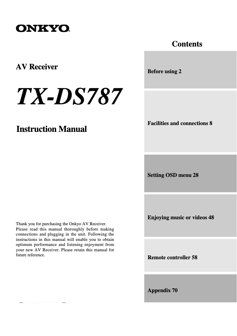 Page 1 de la notice Manuel utilisateur Onkyo TX-DS787