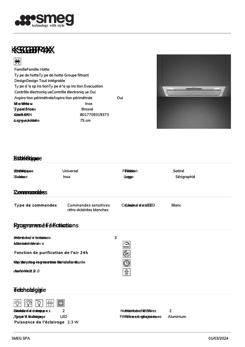 Page 1 de la notice Fiche technique Smeg KSG8P4X