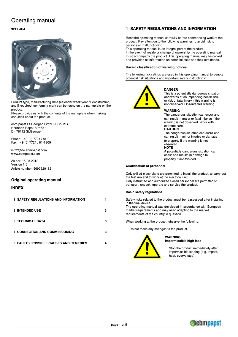 Page 1 de la notice Manuel utilisateur ebm-papst 3212 JH4