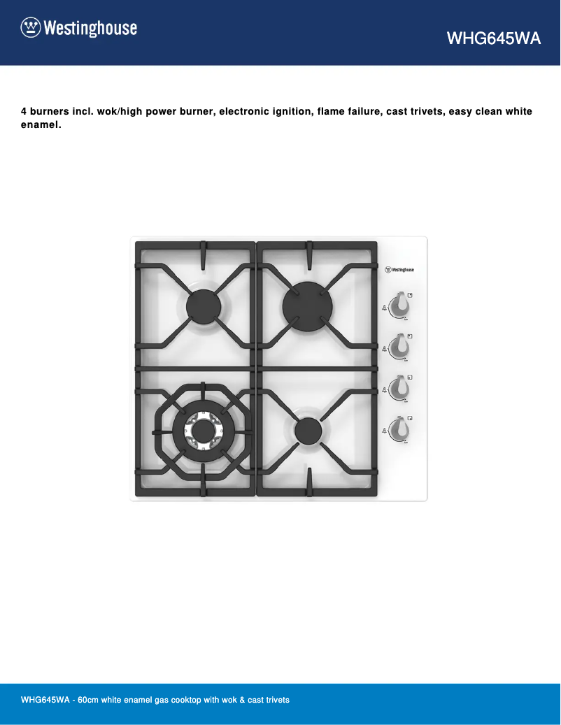 Page 1 de la notice Fiche technique Westinghouse WHG645WA