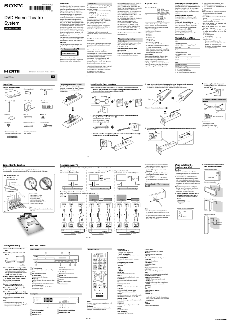 Image de la première page du manuel de l'appareil DAV-TZ150