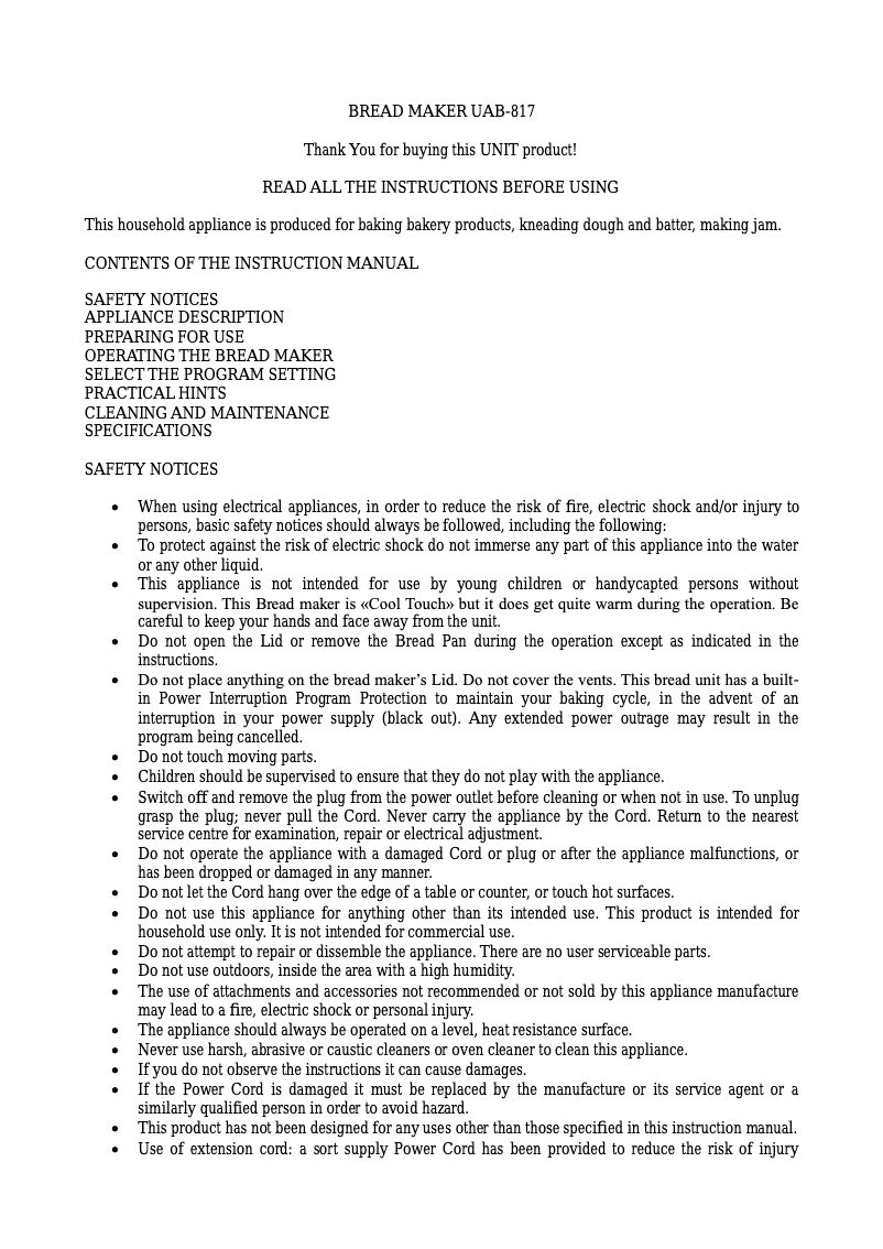 Page 1 de la notice Manuel utilisateur Unit UAB-817