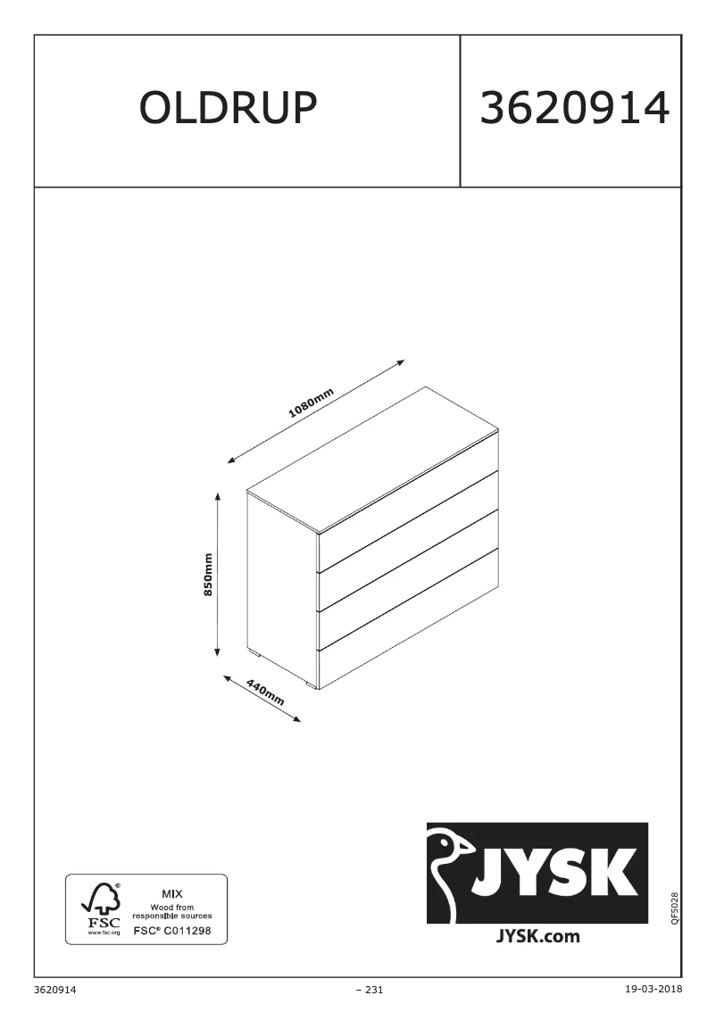 Page 1 de la notice Manuel utilisateur JYSK Oldrup (108x85x44)