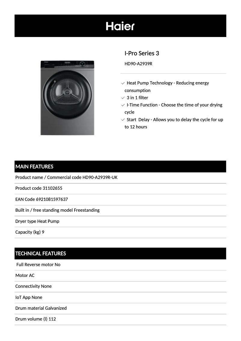 First page image of the manual for HD90-A2939S