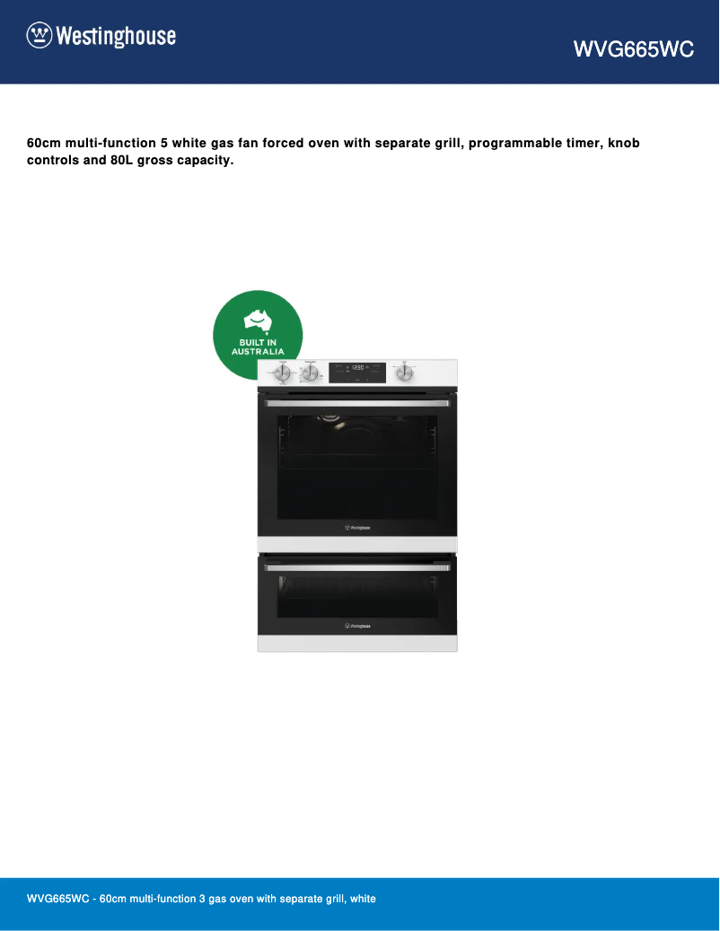 Page 1 de la notice Fiche technique Westinghouse WVG665WC