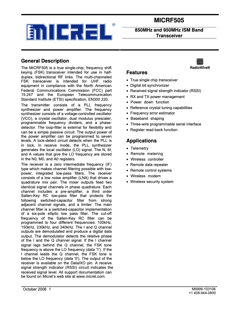 Page 1 de la notice Fiche technique Microchip MICRF505