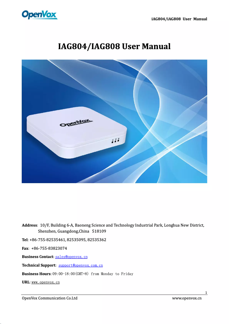 Page 1 de la notice Manuel utilisateur OpenVox iAG804