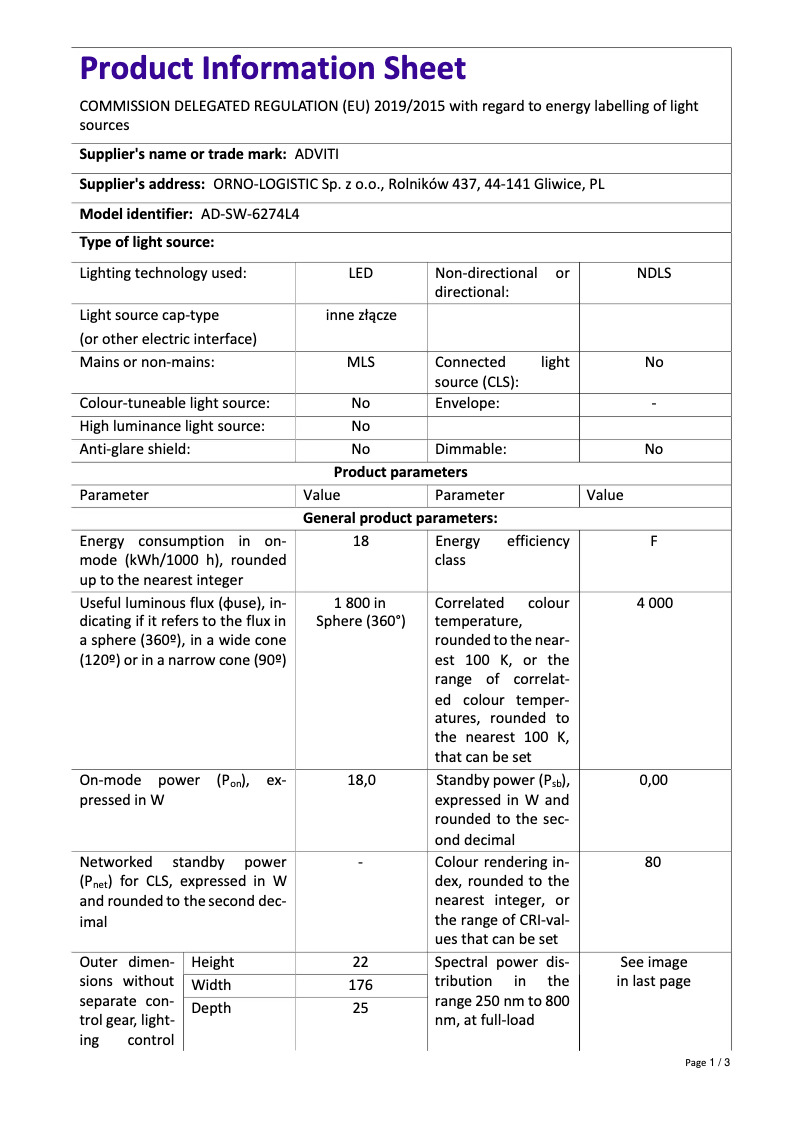 Page 1 de la notice Fiche technique Adviti AD-SW-6274L4