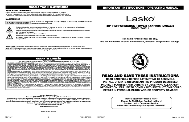 Page 1 de la notice Manuel utilisateur Lasko Performance Tower T48311