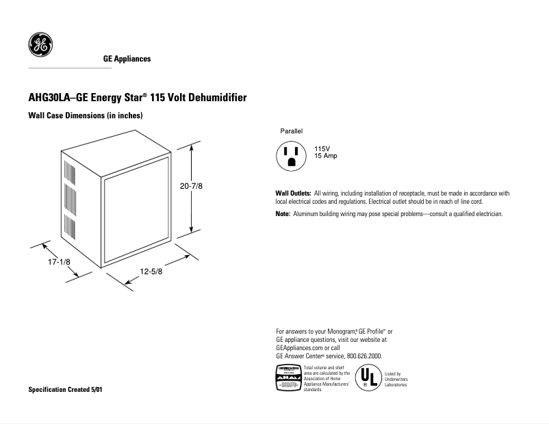 Page 1 de la notice Fiche technique GE AHG30LA