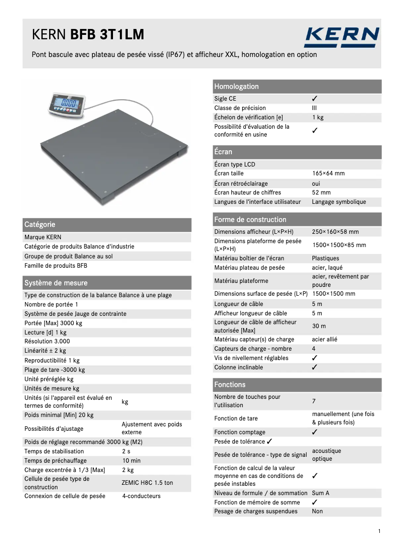 Page 1 de la notice Fiche technique Kern BFB 3T-3LBM